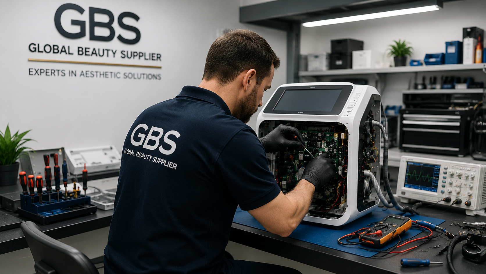 Technician repairing professional beauty equipment